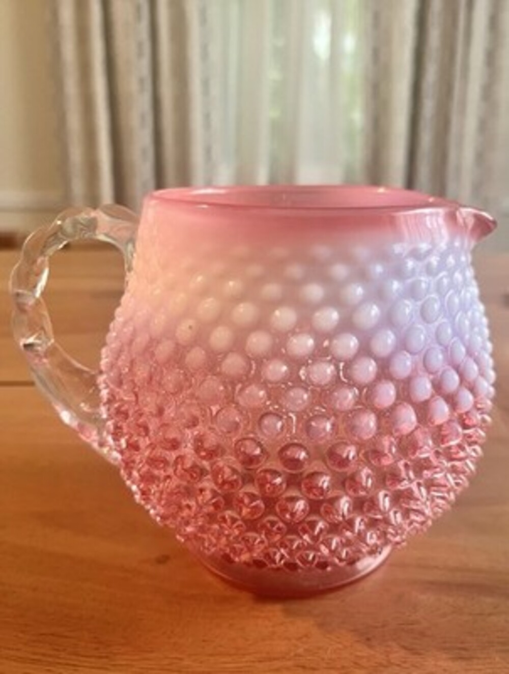Fenton Cranberry Opalescent Glass Hobnail Pitcher w/ Applied Crystal Handle